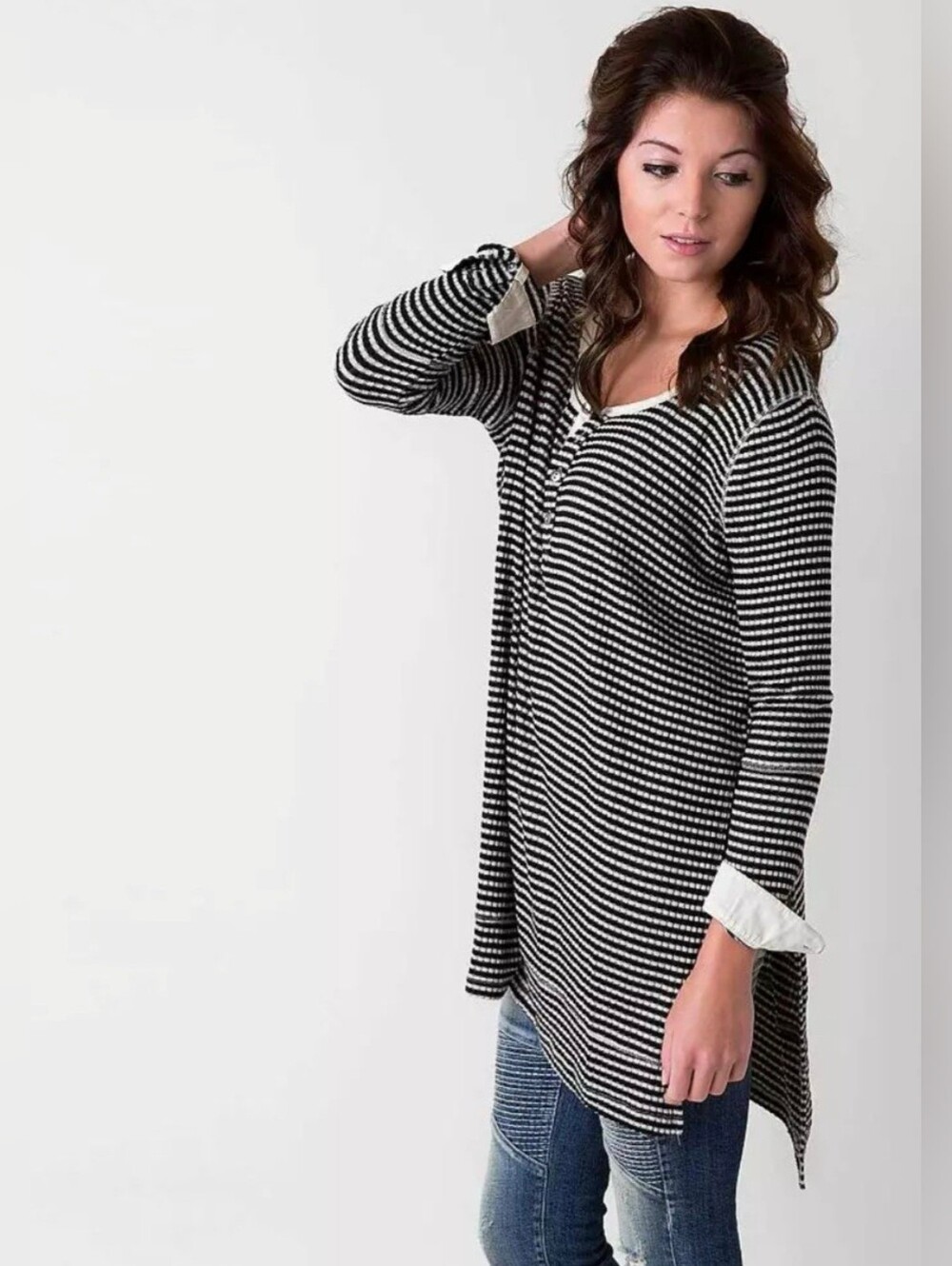 Free People Drippy Henley Top. Black & White. Size M. #SW